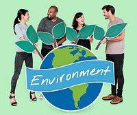 Diverse people with environmental conservation concept icons<br />
