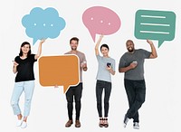 Diverse social media people holding speech bubble symbols