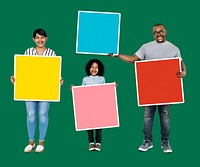 Family holding colorful square boards