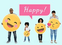 Happy family holding emoji icons