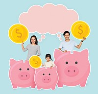 Happy family with savings in piggy banks
