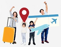 Cheerful family holding travel icons and ticket