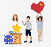 Happy diverse kids with pixilated gaming icons