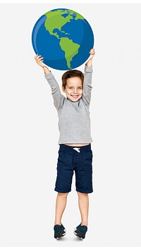 Happy boy holding an earth icon