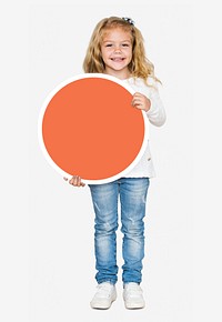 Happy girl holding a round orange board