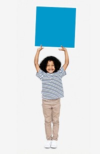 Happy boy holding a blue square board