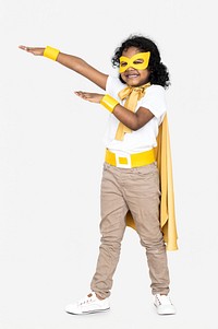 Cheerful kid in a superhero costume