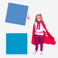 Young superhero with two empty square boards