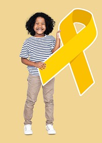 Young boy holding gold ribbon supporting childhood cancer awareness