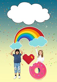 Cheerful kids with a rainbow and a donut icon