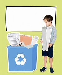 Happy boy collecting paper for recycling