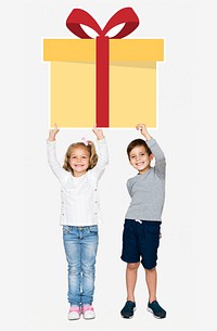 Happy kids holding a gift icon