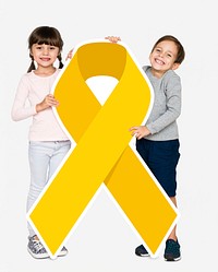 Young kids holding gold ribbon supporting childhood cancer awareness