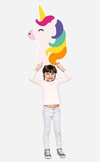 Happy girl holding a unicorn icon