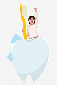 Cheerful girl with dental care icons