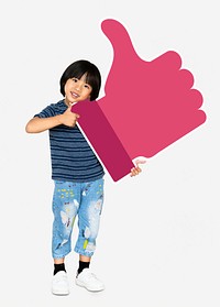 Boy holding a red thumbs up icon