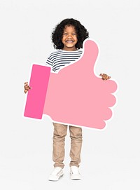 Cute little kid holding a thumbs up icon