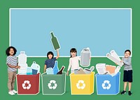 Happy diverse kids recycling garbage into bins