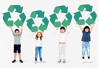 Diverse kids holding recycling icons