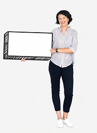 Happy woman holding an empty board