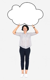 Cheerful woman showing a blank white cloud