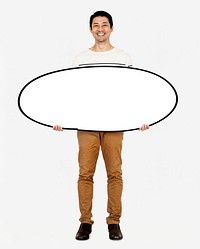 Cheerful man holding a blank white board