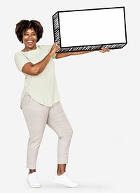 Happy woman holding an empty board