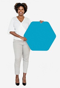 Cheerful woman showing a blank blue hexagon shaped board