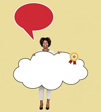Cheerful woman showing a cloud shaped prize board