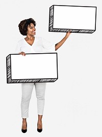 Happy woman holding two empty boards