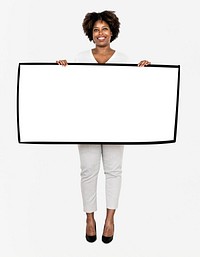 Cheerful woman showing a blank white banner