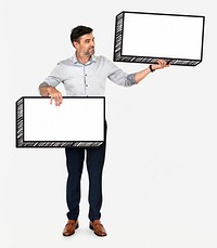 Happy businessman holding two empty boards