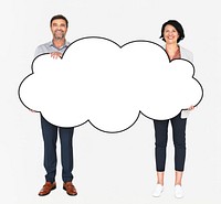 Diverse people showing a blank white cloud