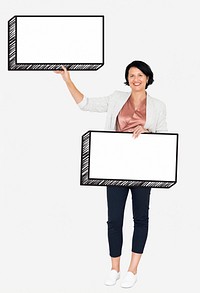 Happy woman holding two empty boards