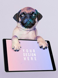Adorable Pug puppy with digital tablet mockup