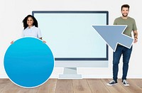 People holding icons in front of a computer monitor paper cutout