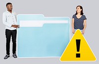 People with folder and warning sign icon illustration