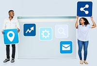 People holding icons  related to internet and technology
