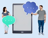 People holding speech bubble icons