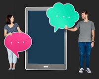 People holding speech bubble icons