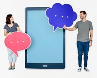 People holding speech bubble icons