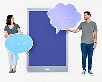 People holding speech bubble icons