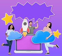 People holding cloud computing icons and a copy space