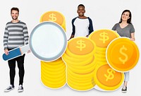 People holding icons related to money and currency concept