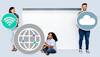 People holding icons related to the theme of internet and connection