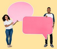 Couple holding empty pink speech bubbles