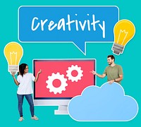 People holding creativity and ideas icons