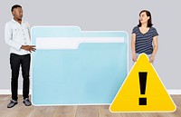 People with folder and warning sign icon illustration