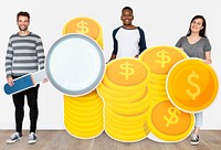 People holding icons related to money and currency concept