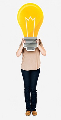 Woman holding a light bulb icon